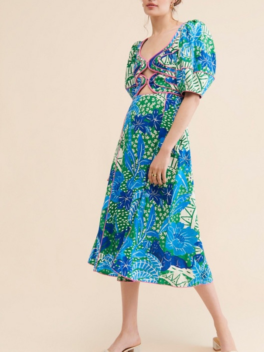 Farm Rio jungle panther blue print dress pink trim 57351